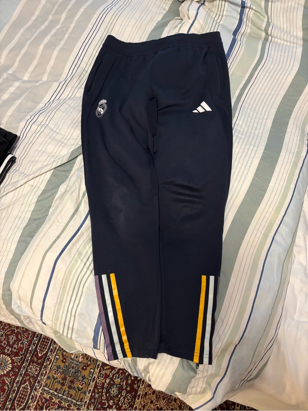adidas Real Madrid Navy Joggers with Yellow & Gray Stripe Accents
